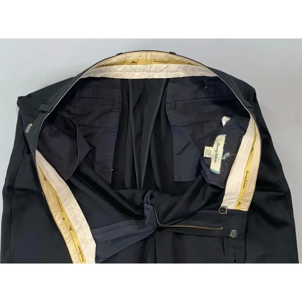 Tommy Bahama Flat Front Silk/Cotton Chino Pants. Black, Metal Logo. Men's 36X32.